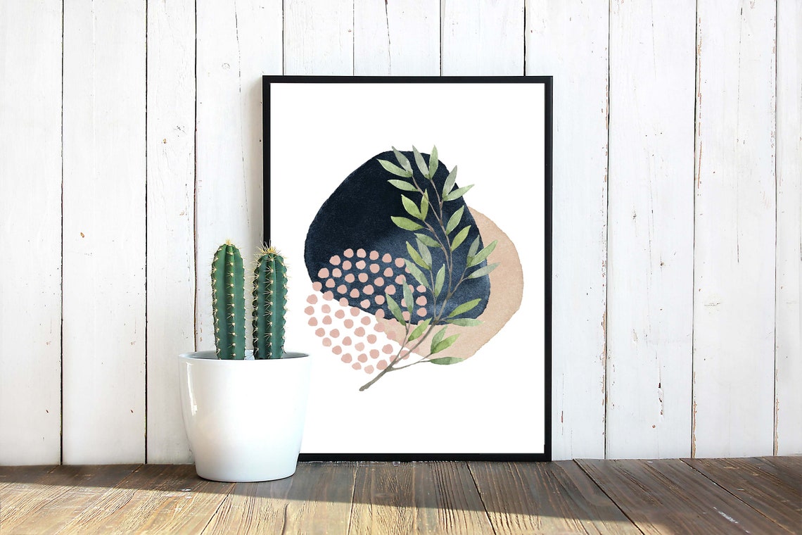 Abstract Watercolor Botanical Navy Tan Pink Dots Modern Art Poster - Image 3