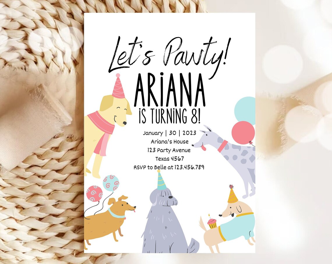 Editable Dog Birthday Party Invitation Puppy Birthday Invite Blue Pink Boy Girl Pawty Birthday Animal Pet Vet Pdf