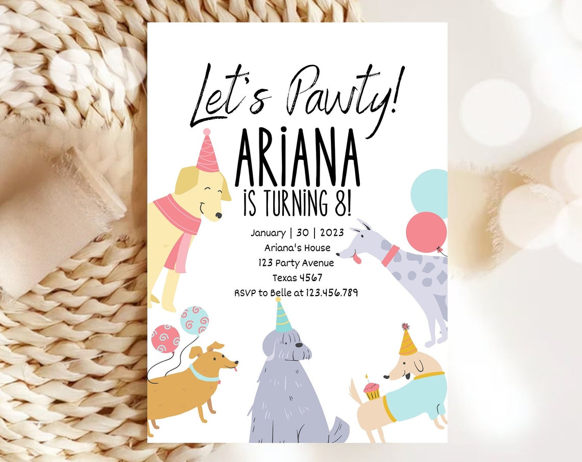 Lets Pawty Dog Birthday Invitation Puppy Party Editable Invite Print