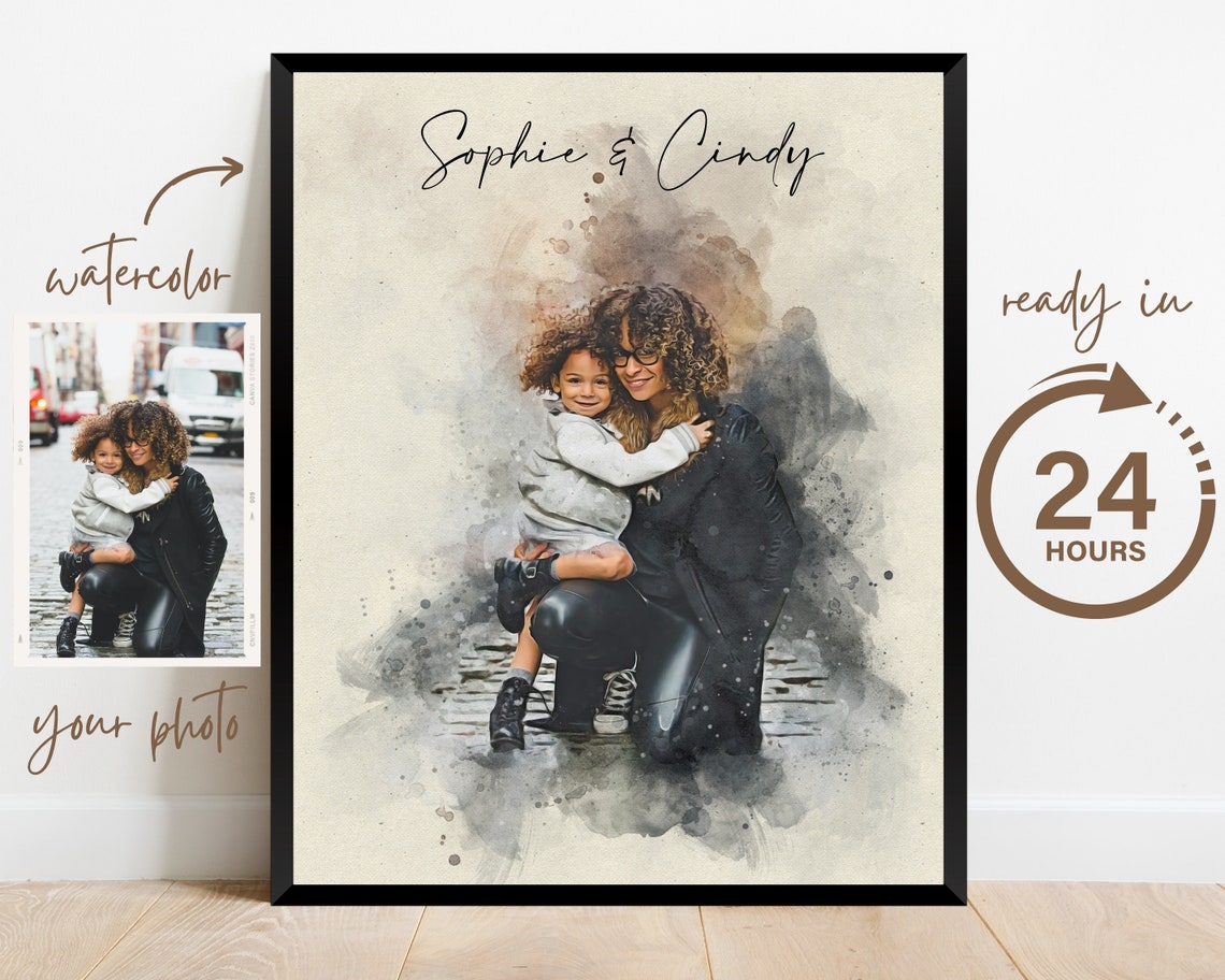 Mothers Day Gift For Mom Mother Grandma Mother Son Daughter Kids Portrait Watercolor Portrait From Photo Family Portrait 1st Mothers Day