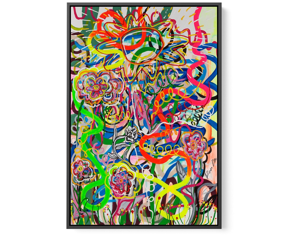 Embrace The Sun Neon Scribble Flower Garden Colorful Abstract Poster