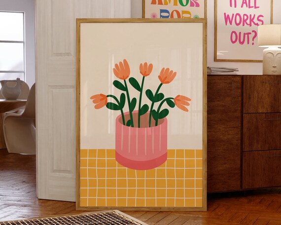 Flower Vase Print, Checkered Tulips Maximalist Decor