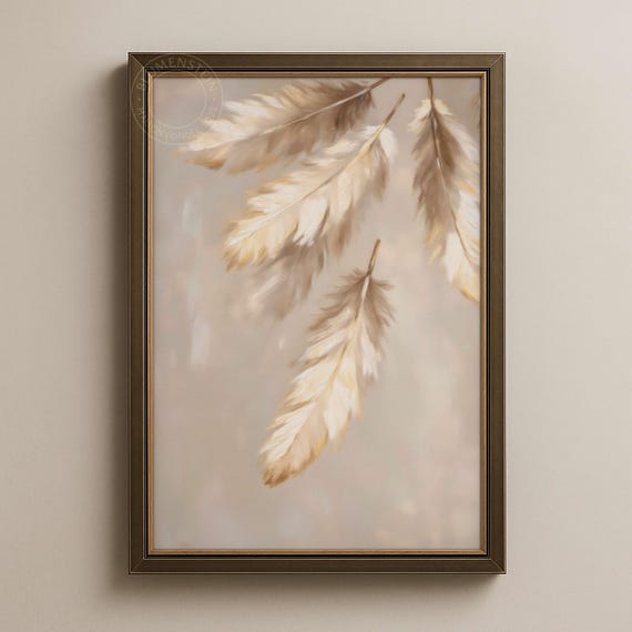 Feather Impressionist Oil Painting Taupe Boho Wall Art Jpg