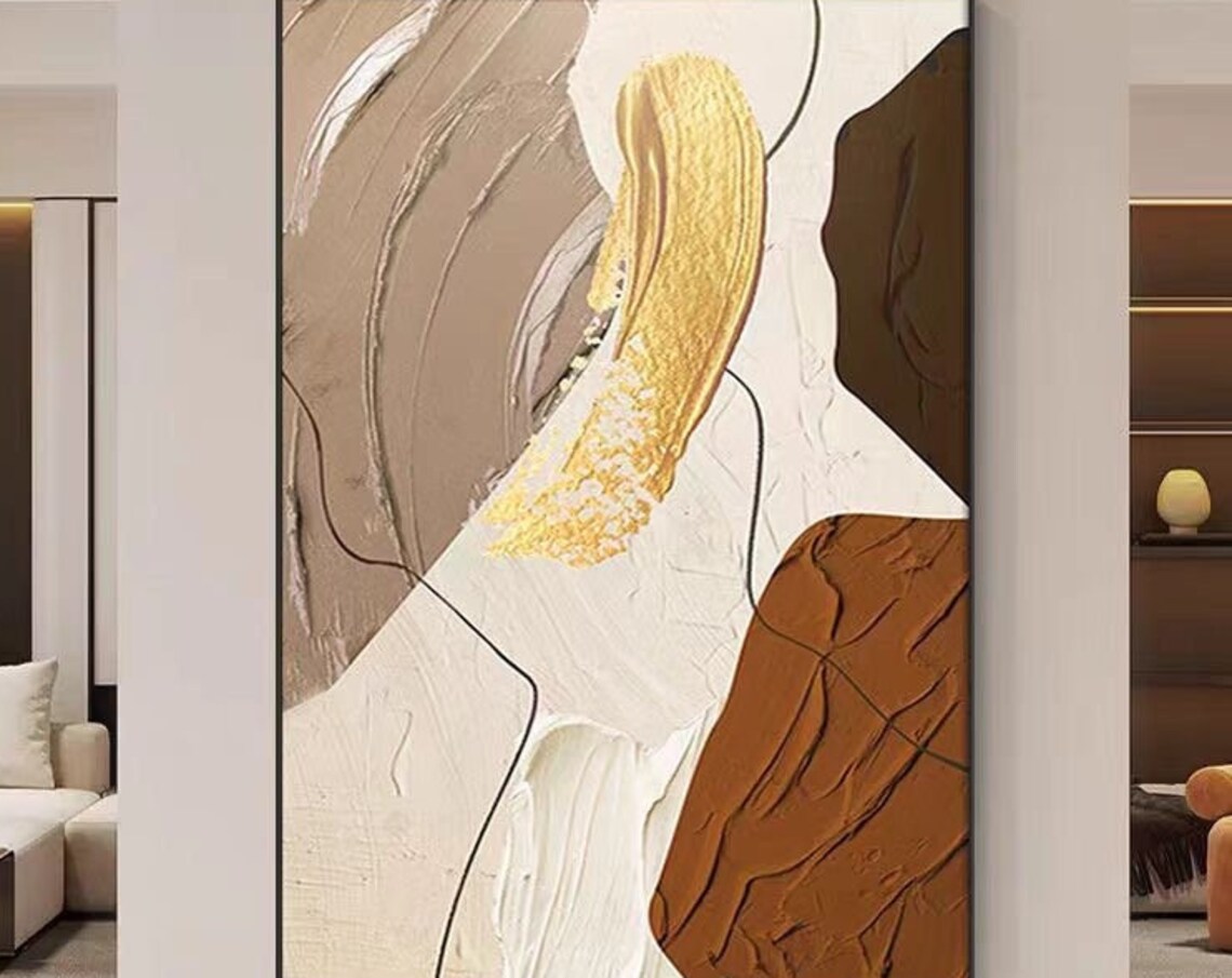 Beige Brown Gold Brushstroke Minimalist Abstract Oil Painting Poster