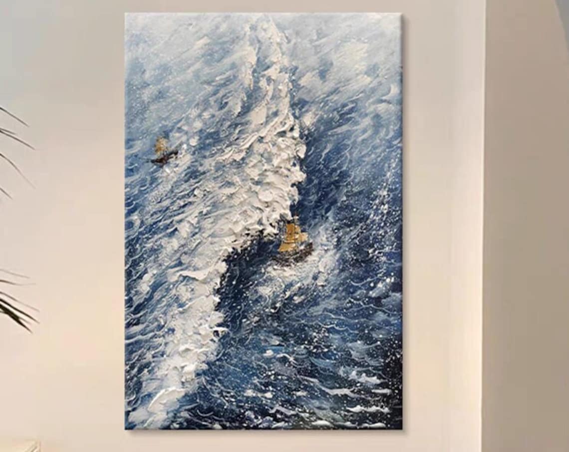 Tall Ship on Blue Ocean Waves Textured Nautical Seascape Poster