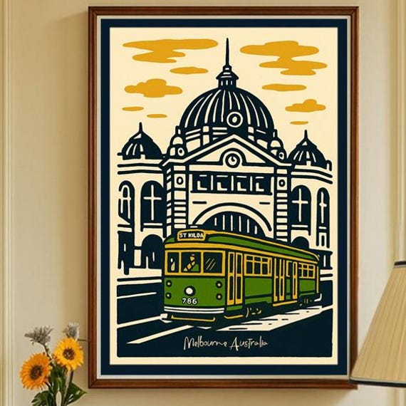 Melbourne Train Station Print St Kilda Tram At Flinders Street Vintage Australia Travel Poster Retro Linocut Style Wall Art