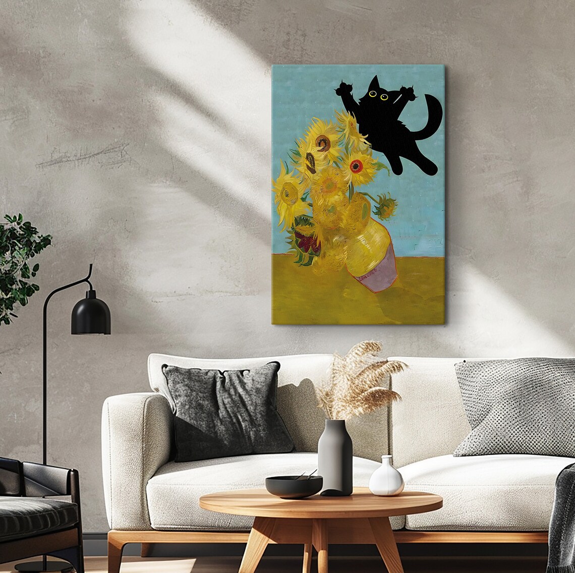 Van Gogh Sunflowers With Leaping Black Cat Funny Whimsical Poster - Image 2