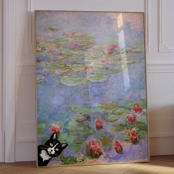 Monet Water Lilies Black Cat Portrait Vertical Whimsical Painting Poster