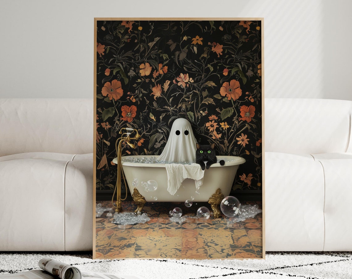 And Cat In Bathtub Art Whimsical Gothic Halloween Decor