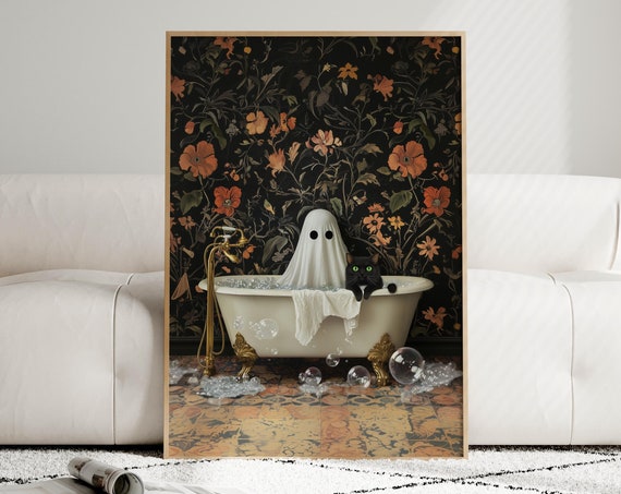 And Cat In Bathtub Art Whimsical Gothic Halloween Decor