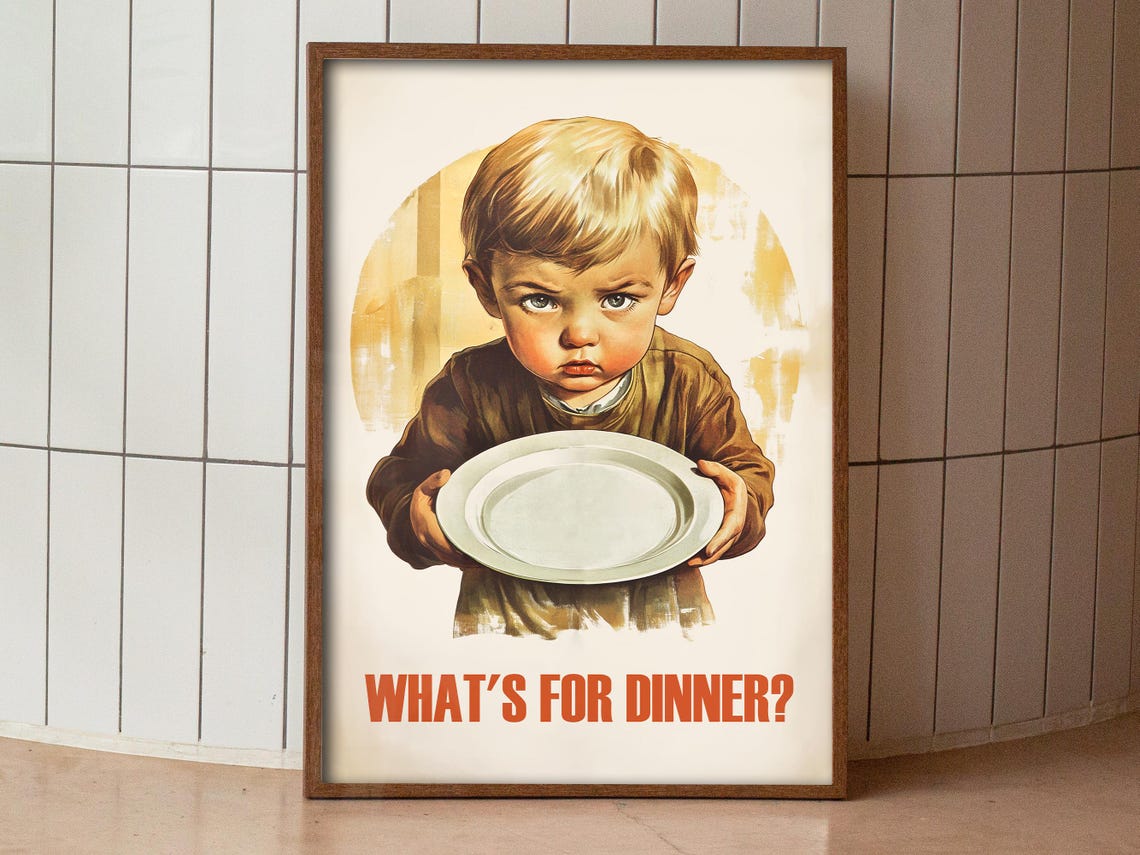 Whats For Dinner Grumpy Kid Empty Plate Funny Vintage Kitchen Poster - Image 2