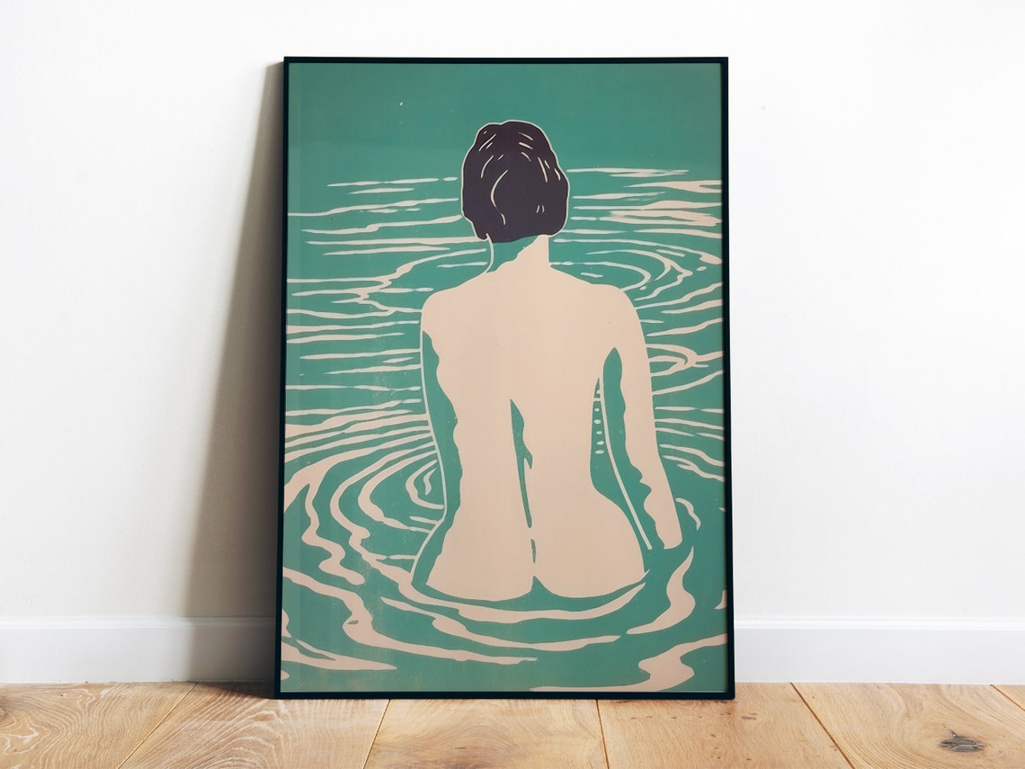 Backstroke Swimmer Teal Water Japanese Inspired Art Deco Poster