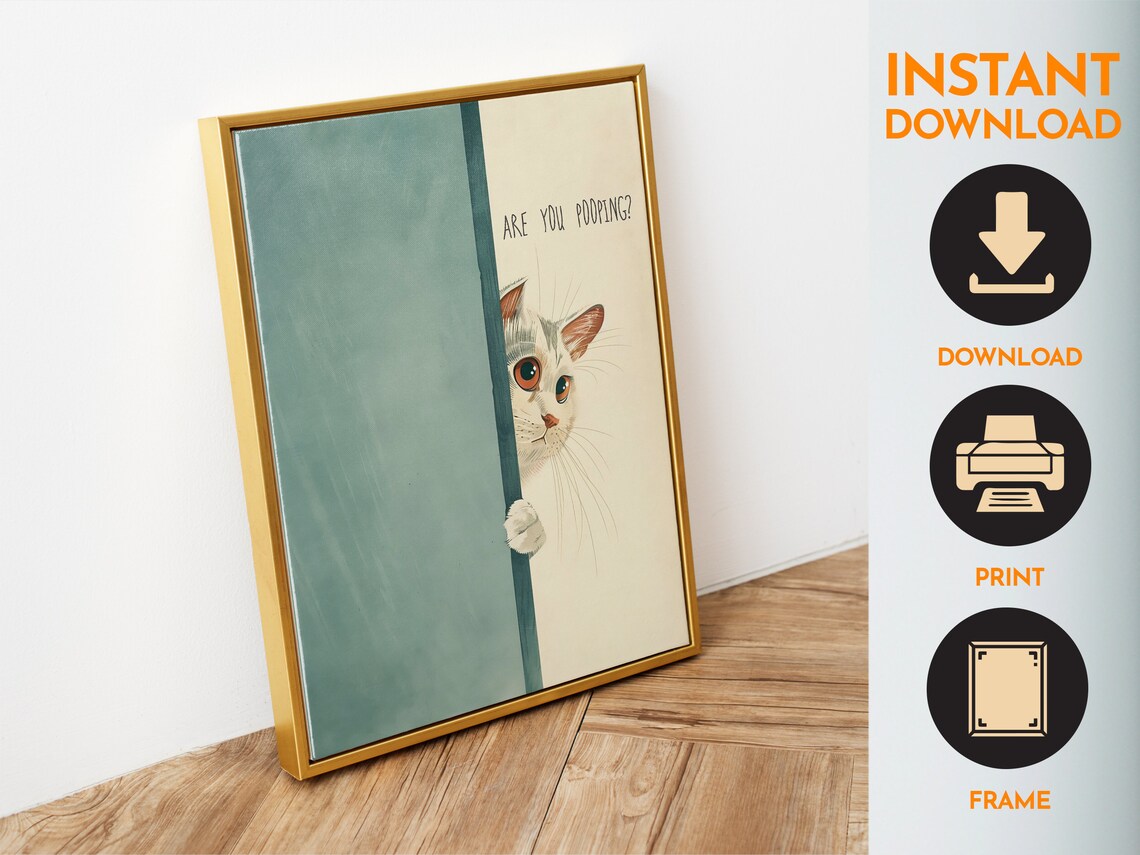 Are You Pooping Cat Peeking Behind Door Funny Bathroom Poster - Image 6