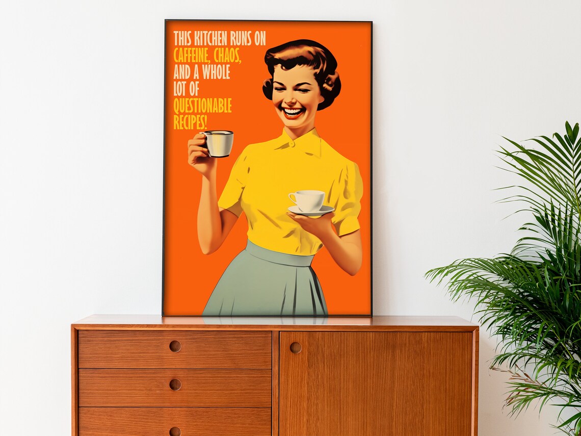 Retro Kitchen Runs on Caffeine Funny Orange Housewife Art Poster - Image 2