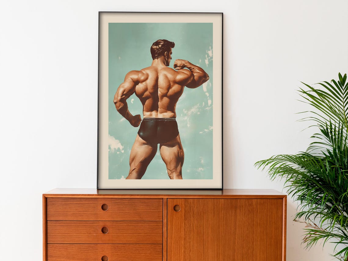 Retro Bodybuilder Flexing Muscles Vintage Gym Fitness Art Poster - Image 3