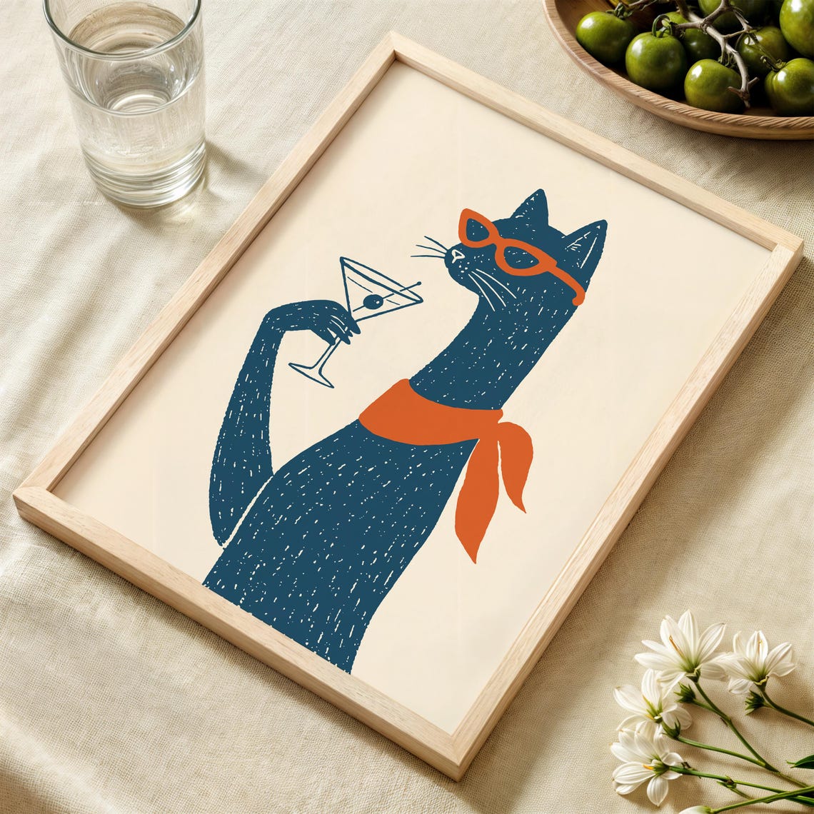 Navy Blue Cat in Orange Sunglasses Sipping Martini Linocut Poster