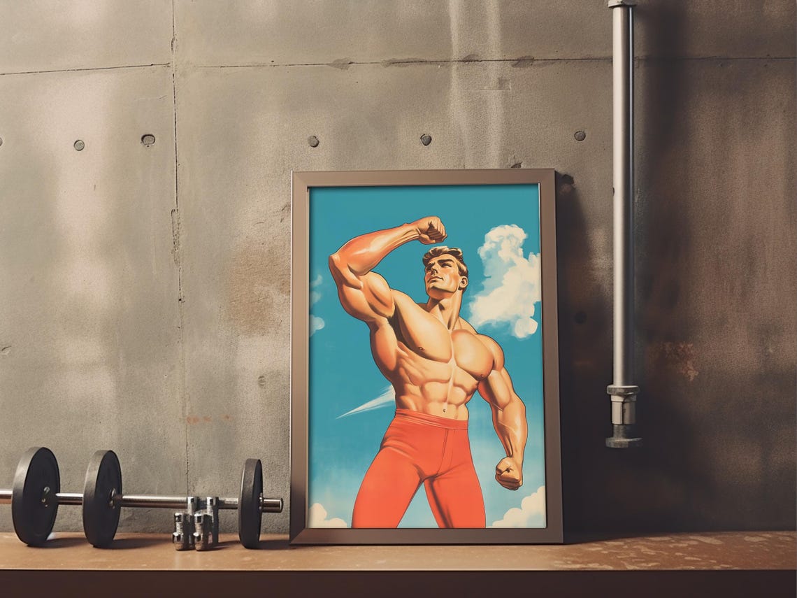 Retro Bodybuilder Man Flexing Biceps Vintage Muscle Gym Art Poster - Image 3