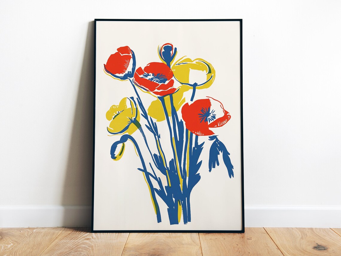 Minimalist Red and Yellow Poppies Blue Stems Modern Art Poster