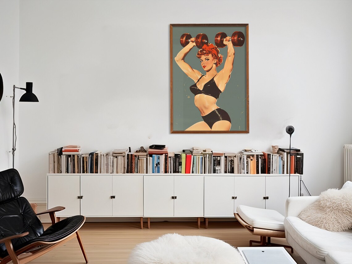 Strong Woman Lifting Dumbbells Retro Pin Up Gym Motivation Wall Poster - Image 3
