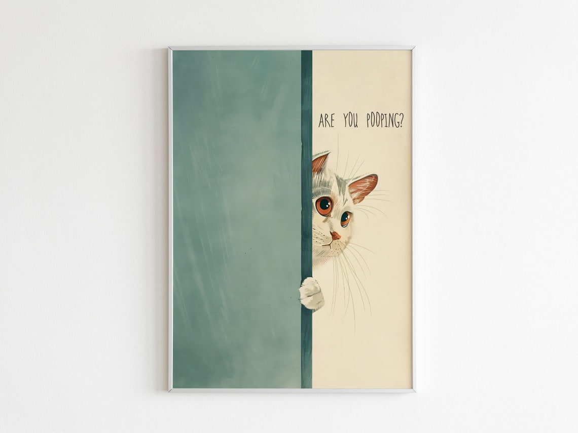 Are You Pooping Cat Peeking Behind Door Funny Bathroom Poster - Image 3