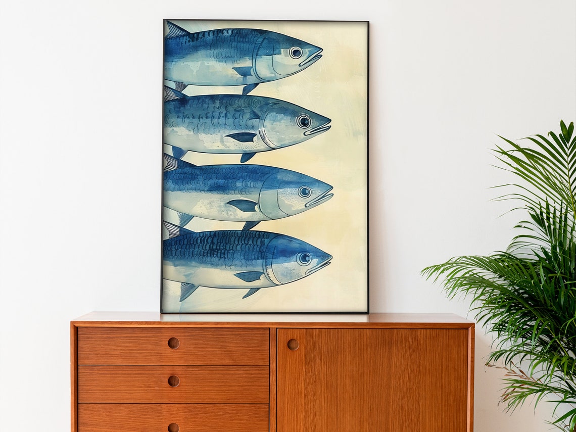 Four Blue Sardines Retro Watercolor Fish Art Kitchen Decor Poster - Image 2