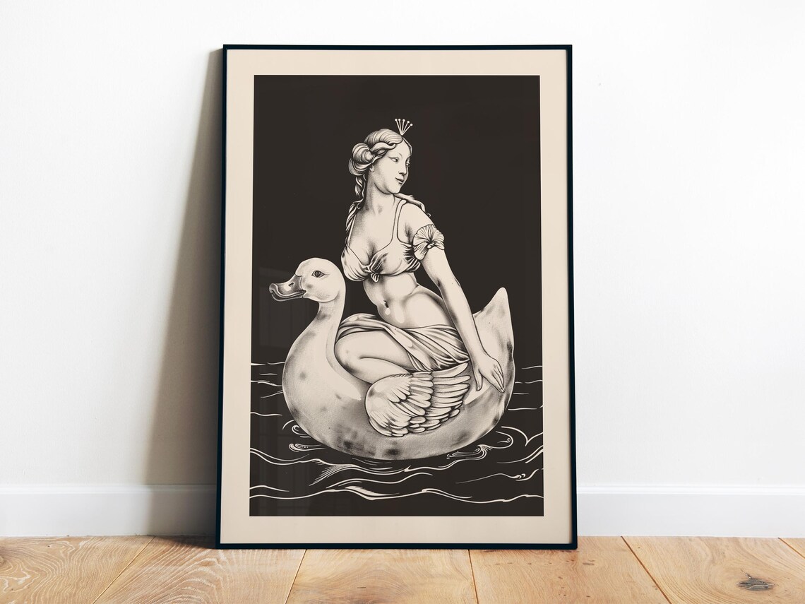 Venus Riding Swan Vintage Classical Black And White Art Poster