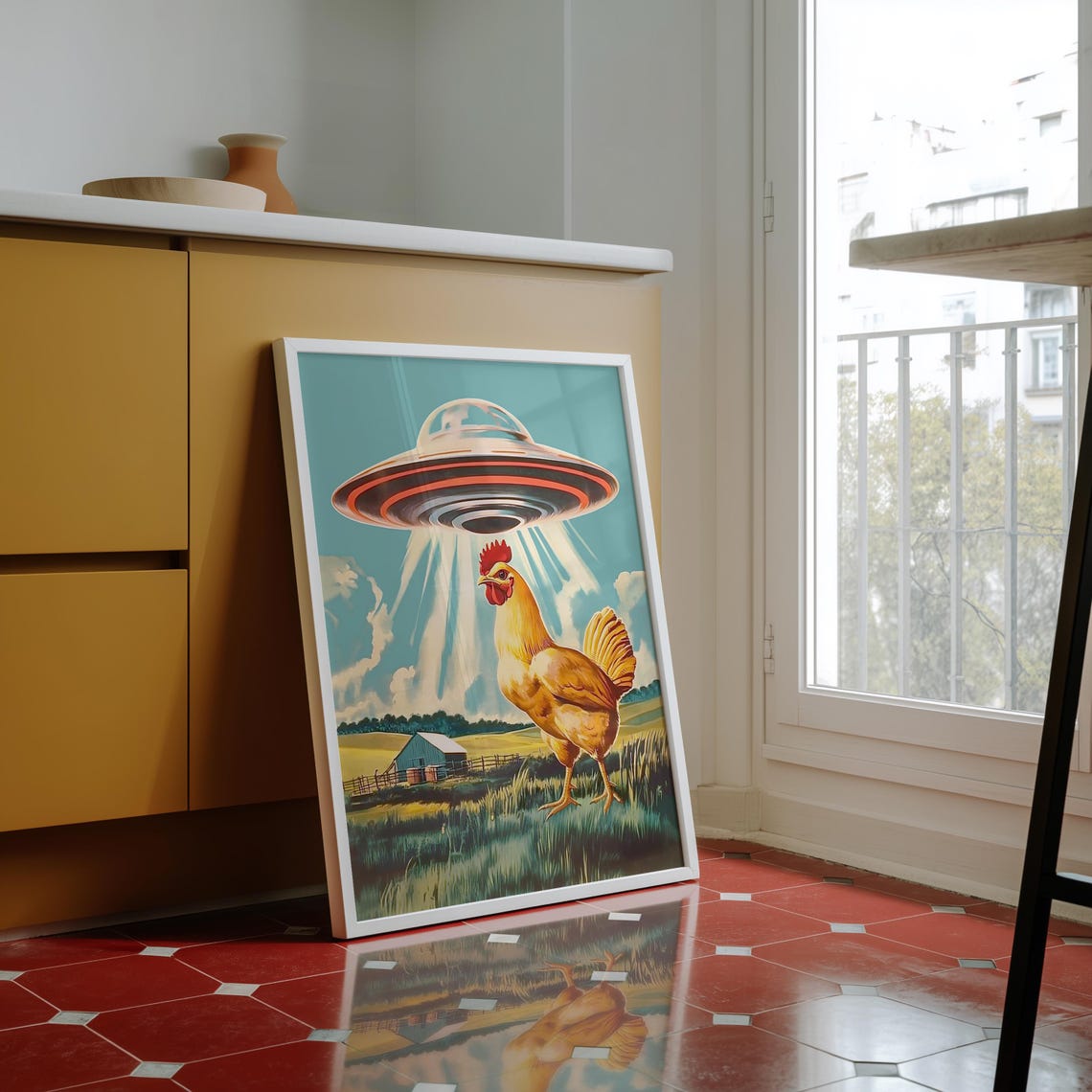 Alien Abduction Chicken Poster Retro Farmhouse UFO Funny Wall Decor