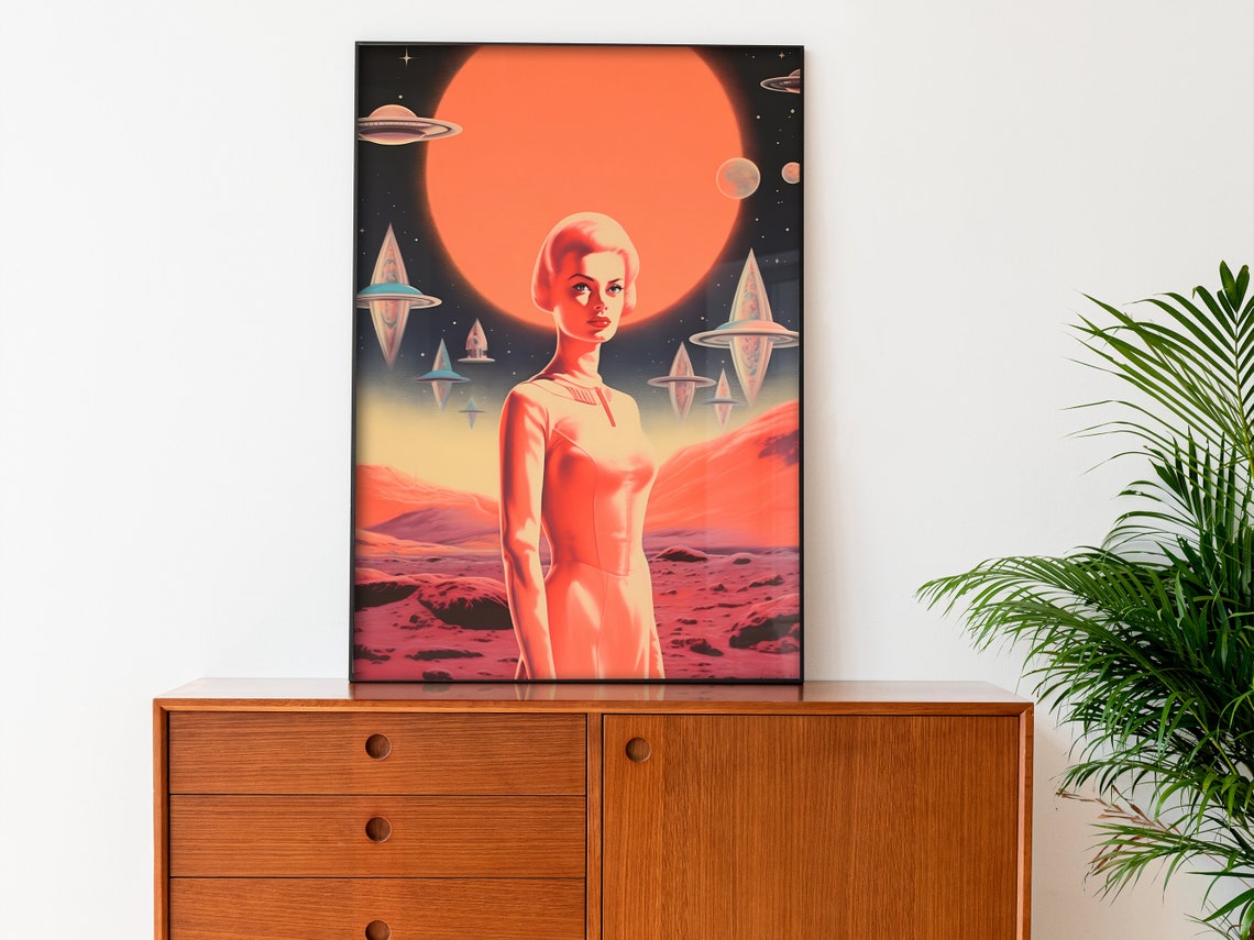 Retro Space Woman UFO Mars Planet Orange Futurist Sci Fi Poster - Image 2