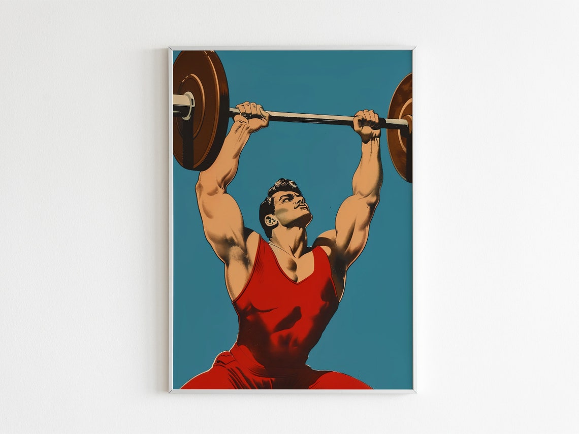 Weightlifter Lifting Barbell Overhead Vintage Strongman Art Poster - Image 2