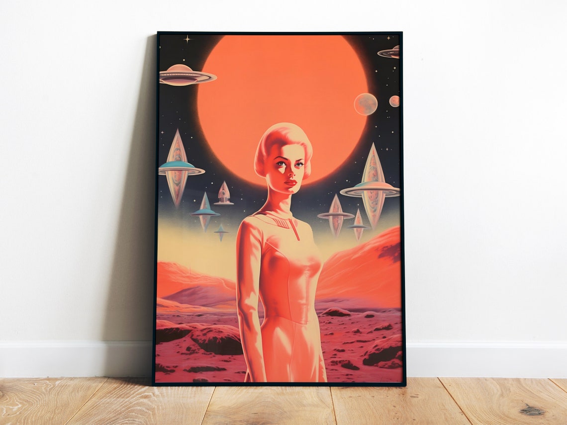 Retro Space Woman UFO Mars Planet Orange Futurist Sci Fi Poster