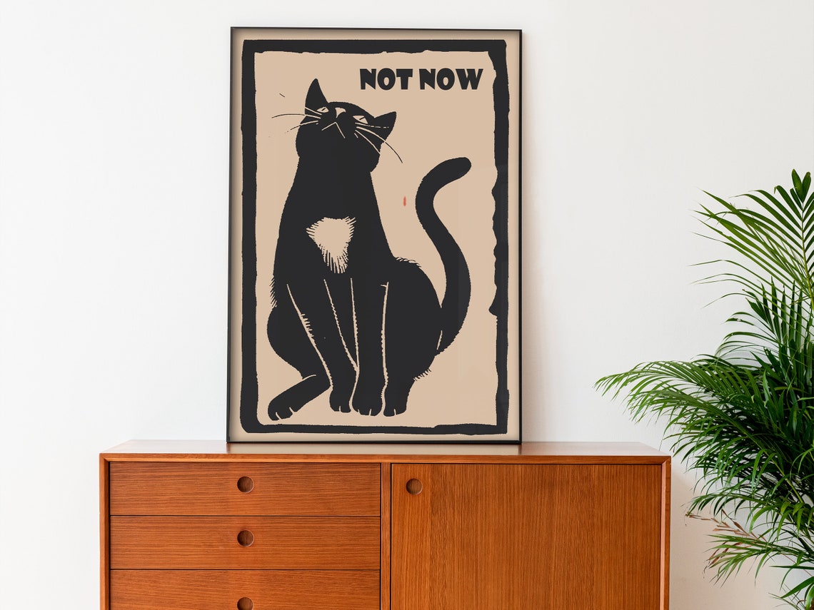 Not Now Grumpy Black Cat Retro Linocut Funny Attitude Cat Poster - Image 3