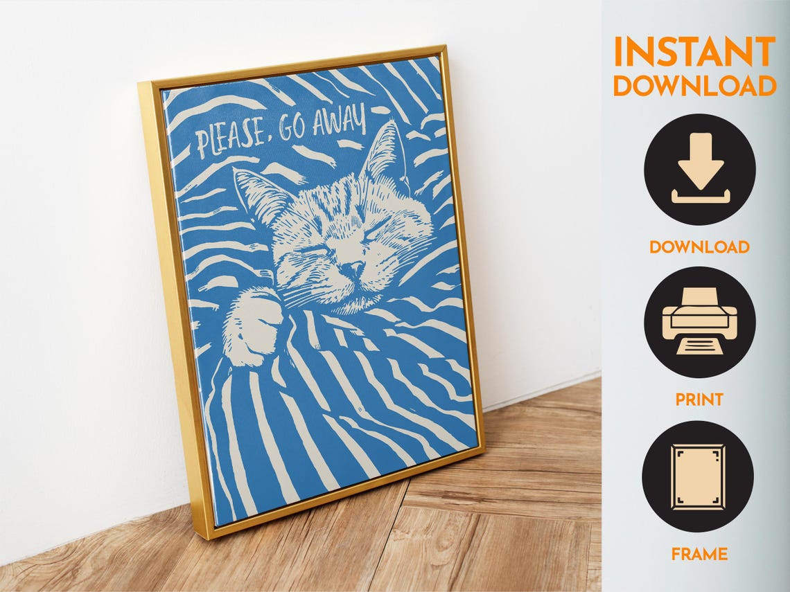 Please Go Away Funny Sleeping Tabby Cat Retro Blue Bedroom Poster - Image 6