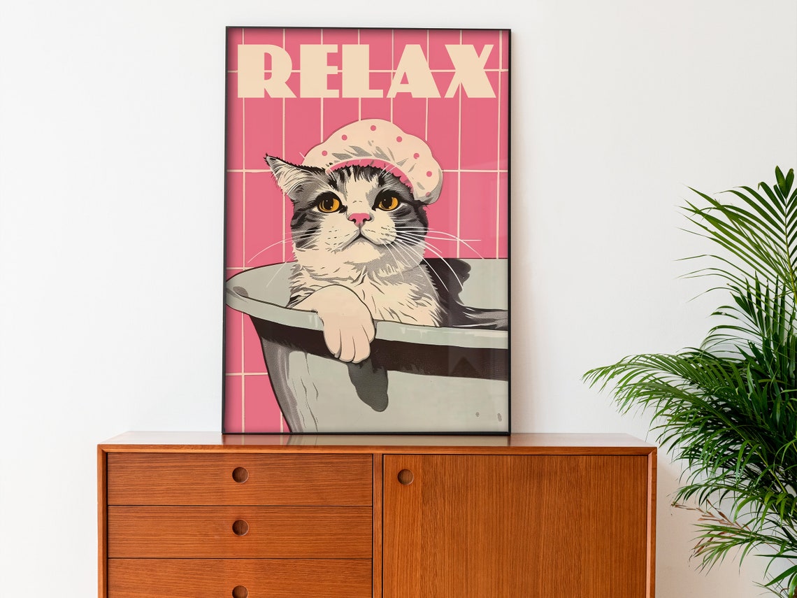 Relax Funny Pink Retro Bathroom Cat Bathtub Shower Cap Poster - Image 2