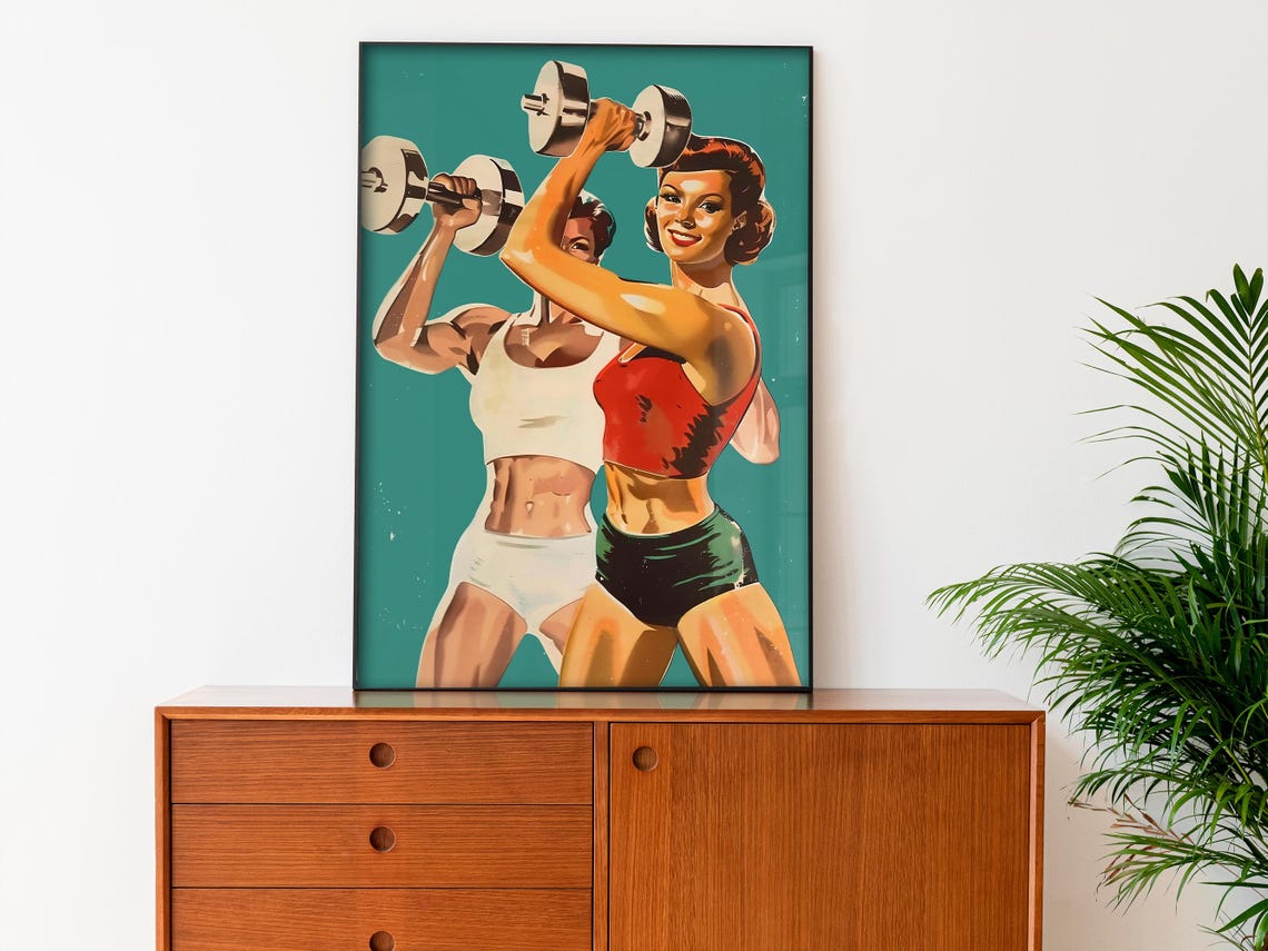 Retro Women Dumbbells Vintage Workout Pin Up Gym Decor Art Poster - Image 3