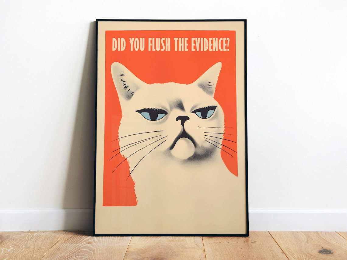 Retro Toilet Cat Art Print, Bathroom Wall Art