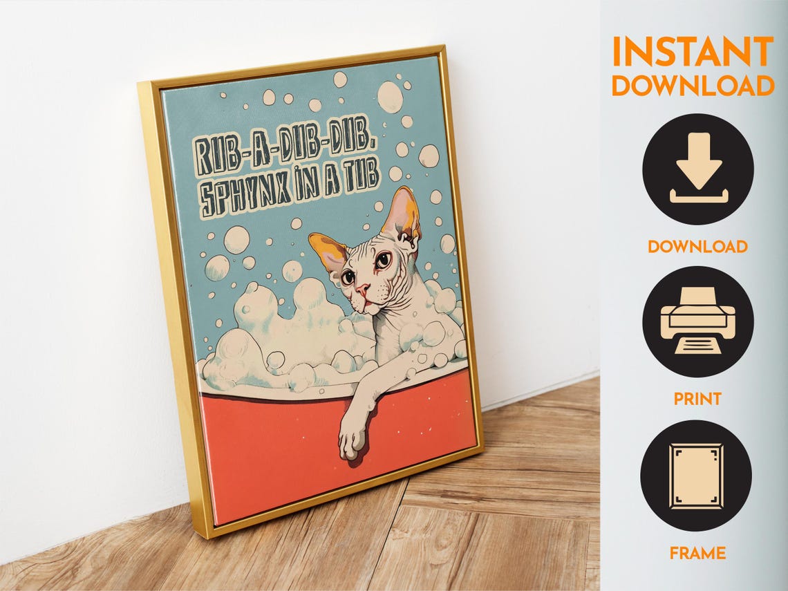 Rub A Dub Dub Sphynx Cat In A Red Tub Retro Funny Cat Poster - Image 6