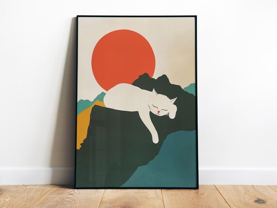 Sleeping White Cat On Cliff Red Sun Minimal Japanese Style Poster