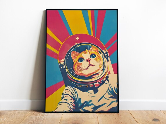Astronaut Cat In Spacesuit Pop Art Retro Colorful Cosmic Sunburst Poster