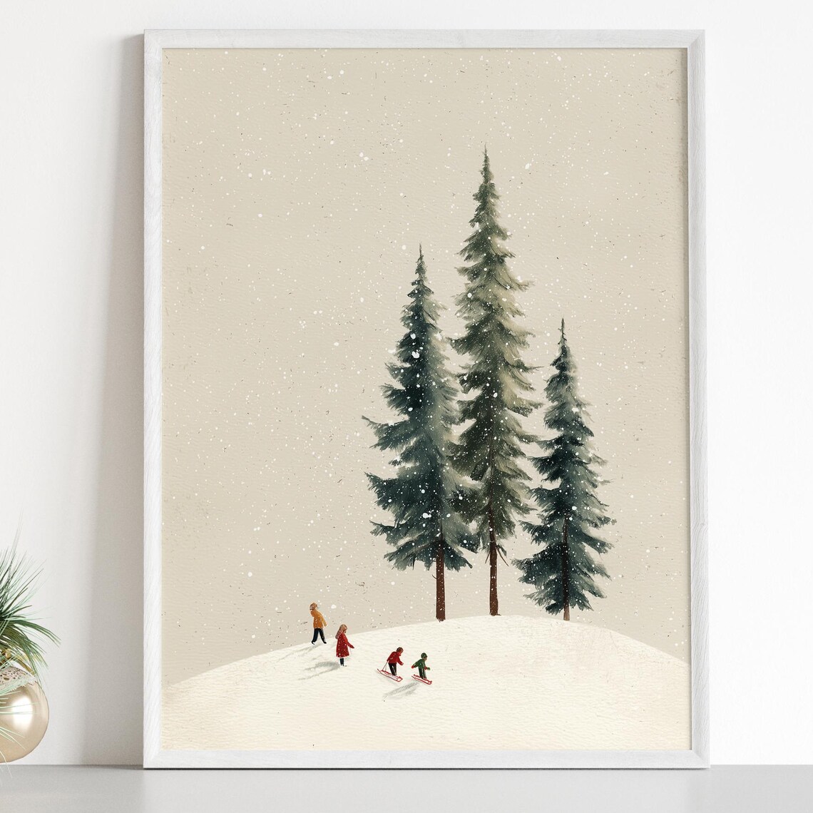 Winter Family Sledding Minimalist Snow Landscape Print