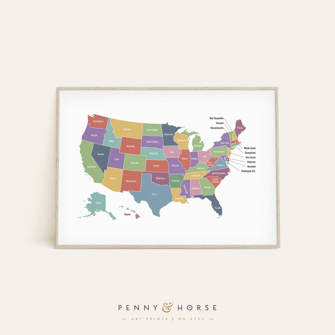 Colorful United States Map with State Labels Classroom Poster