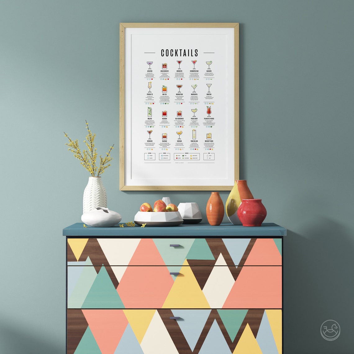 Classic Cocktails Recipe Chart Twenty Drinks Illustrated Bar Poster - Image 2