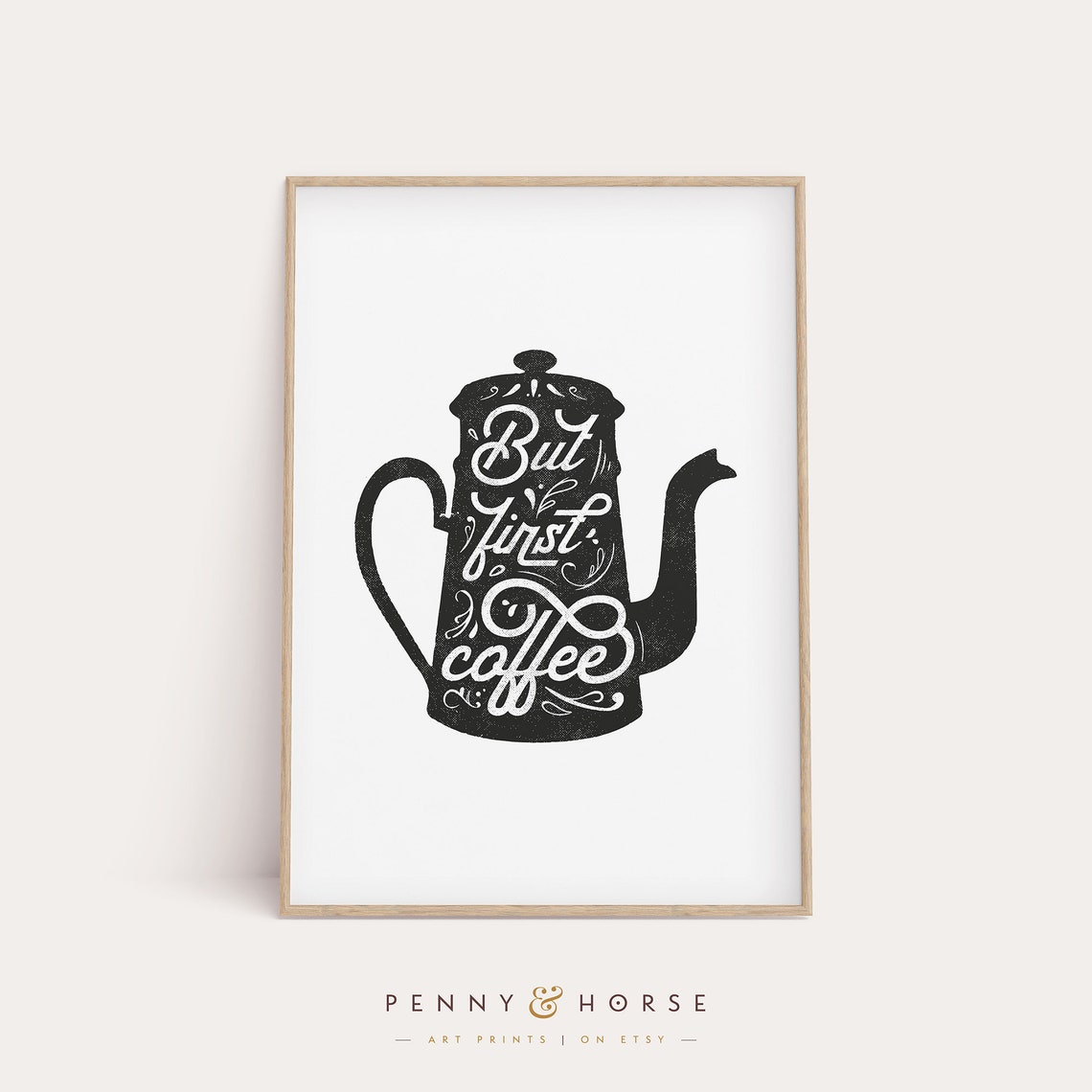But First Coffee Vintage Enamel Pot Hand Lettered Kitchen Quote Poster