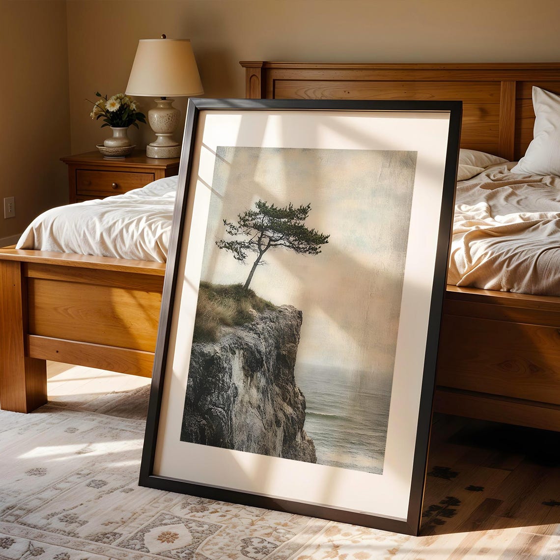 Lone Pine Tree on Rocky Ocean Cliff Japanese Minimalist Style Poster