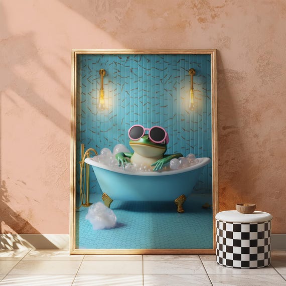 Funny Bathroom Wall Art Frog In Bathtub Print Quirky Decor Cool Prints