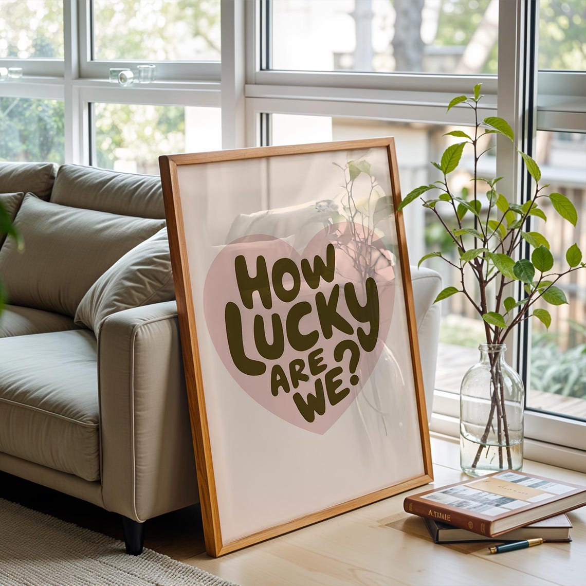 How Lucky Are We Quote on Big Pink Heart Typography Wall Poster