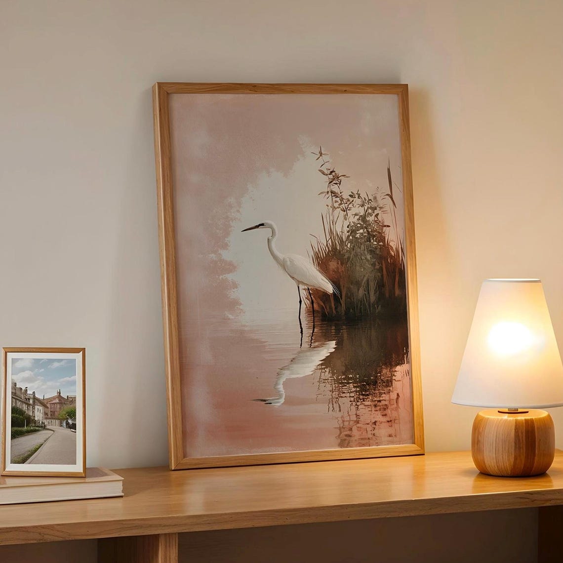 Minimalist White Egret Standing In Still Water Nature Art Poster