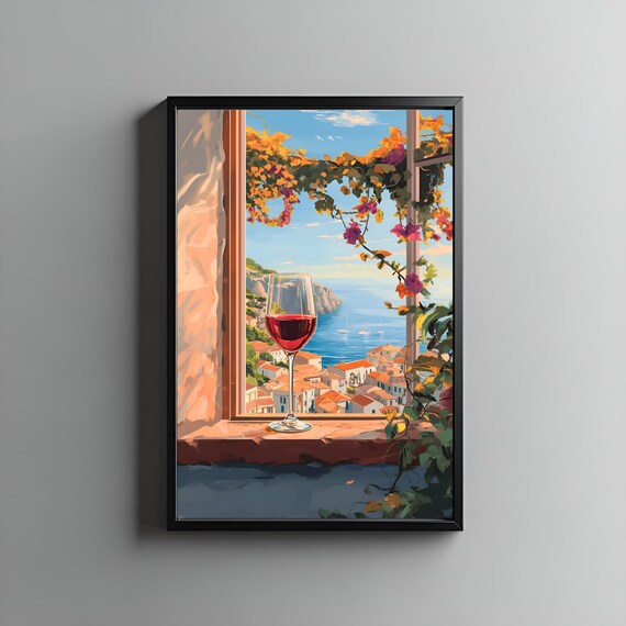 Red Wine Glass on Windowsill Overlooking Mediterranean Coastal Town Poster