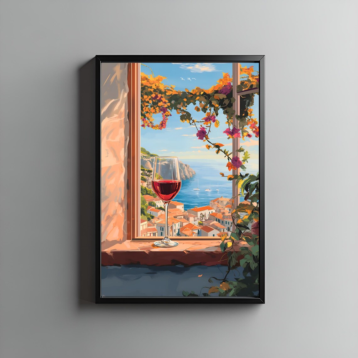 Red Wine Glass on Windowsill Overlooking Mediterranean Coastal Town Poster
