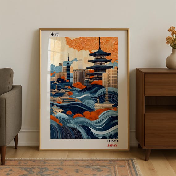 Tokyo Japan Ukiyo-e Style Pagoda Skyline Wave Illustration Poster