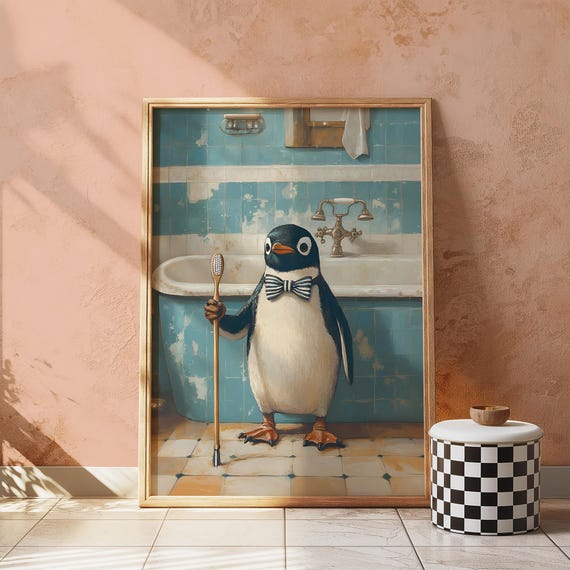 Funny Bathroom Wall Art Quirky Prints For Kids Adults Penguin Poster Decor Cute Animal